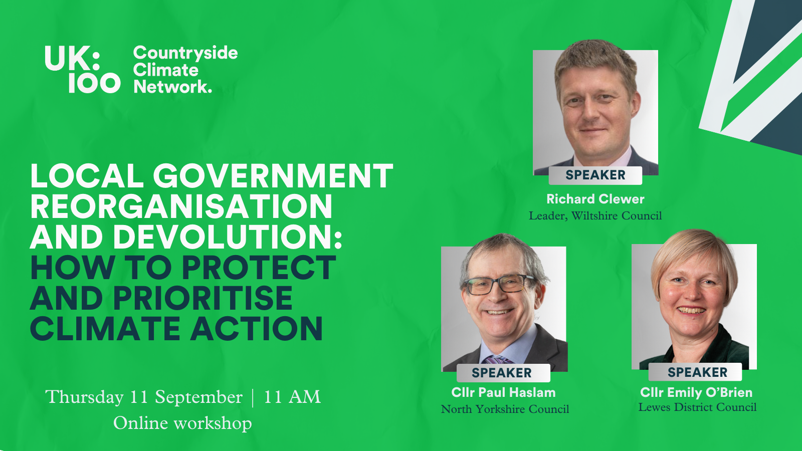 Image highlighting date of the event, 11th sept and three speakers, including richard clewer from wiltshire, emily o'brien from lewes, and paul haslam from north yorkshire.