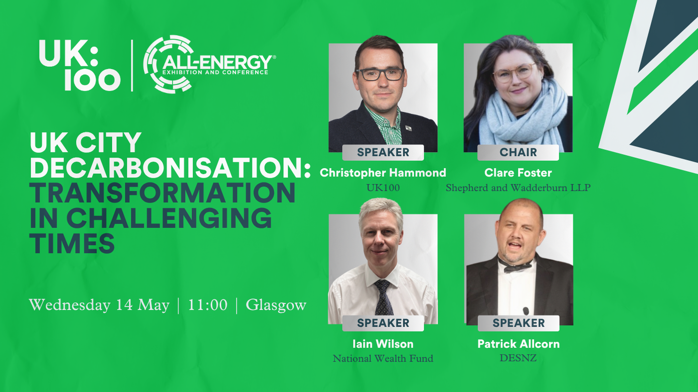 All-Energy 2025 event banner featuring UK100's Christopher Hammond speaking on city decarbonisation and local climate action strategies