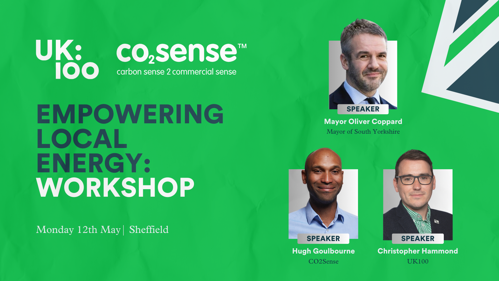 Green background with text reading title of workshop on left, and photos of speakers on the right.