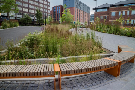 SuDS cascade through significant areas of level change, together with wetland planting – Photo Sheffield City Council 