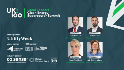 UK100's Local Leaders: Clean Energy Superpower Summit on 15 October features speakers including Tom Hayes MP, Emma Pinchbeck, Cllr Claire Holland, Deputy Mayor Mete Coban and many more