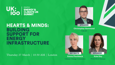 POLITICO Energy & Climate UK Summit 2025 panel session graphic featuring three speakers: Christopher Hammond (UK100) as Speaker, Emma Pinchbeck (Climate Change Committee) as Keynote, and Kate Day (POLITICO Europe) as Speaker. Panel title: Hearts & Minds: Building Support for Energy Infrastructure. Event details: Thursday 27 March, 10:30 AM, London. Green background with UK100 and POLITICO co-branding.