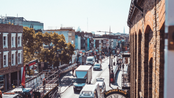 Looking down onto a busy Camden street on a sunny day