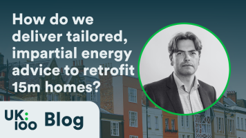 UK100 Blog header image including blog title and image of Stew Horne from Energy Saving Trust, with a tradtional British streetscape in background