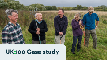 5 people stand in the Somerset Levels and Moors holding gardening equipment and looking relaxed