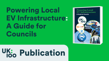 A thumbnail image showing the cover of UK100's EV Charging Guide digital publication, featuring partner logos for UK100, DSO UK Power Networks, and Cenex alongside an image of an electric vehicle being charged