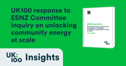 White report cover mockup on green background showing UK100's submission to the Energy Security and Net Zero Committee inquiry on unlocking community energy at scale, featuring UK100 logo and Parliament portcullis symbol