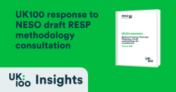 UK100 Insights graphic showing the cover of UK100's submission to NESO's Regional Energy Strategic Planning draft methodology consultation, January 2026, on a green background