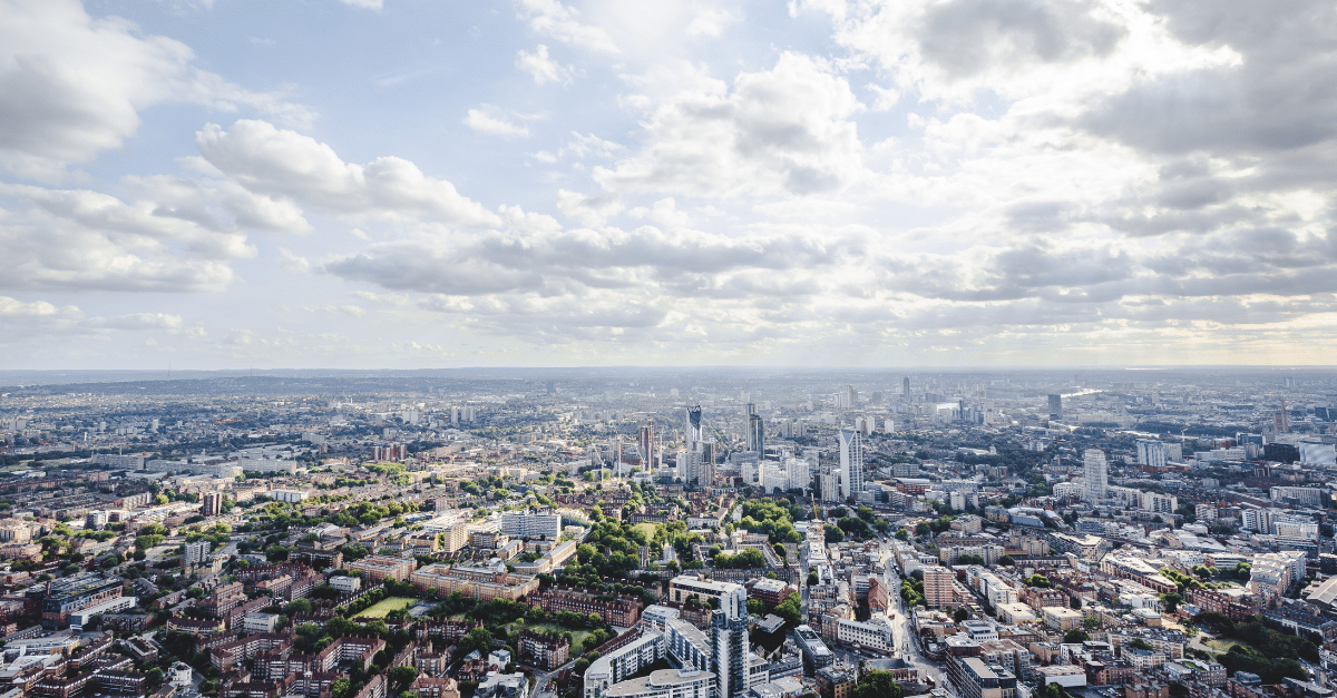 Aerial view of London on a sunny, partly cloudy day