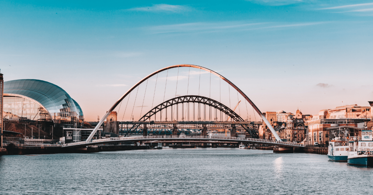 The Gateshead Millennium Bridge over the River Tyne in Newcastle at dusk