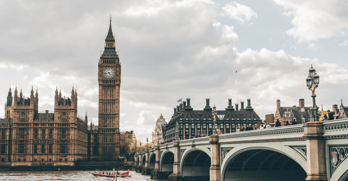 View towards Big Ben from across the Thames next to Westminster Bridge