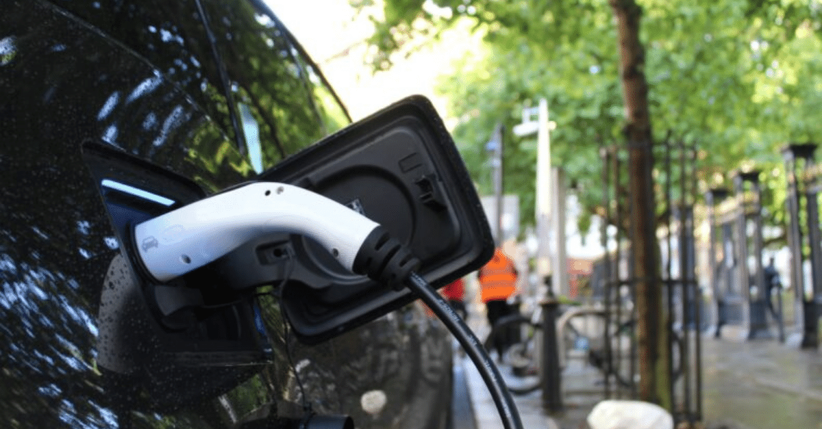 An electric car charging on a Birmingham street with a tree in the background