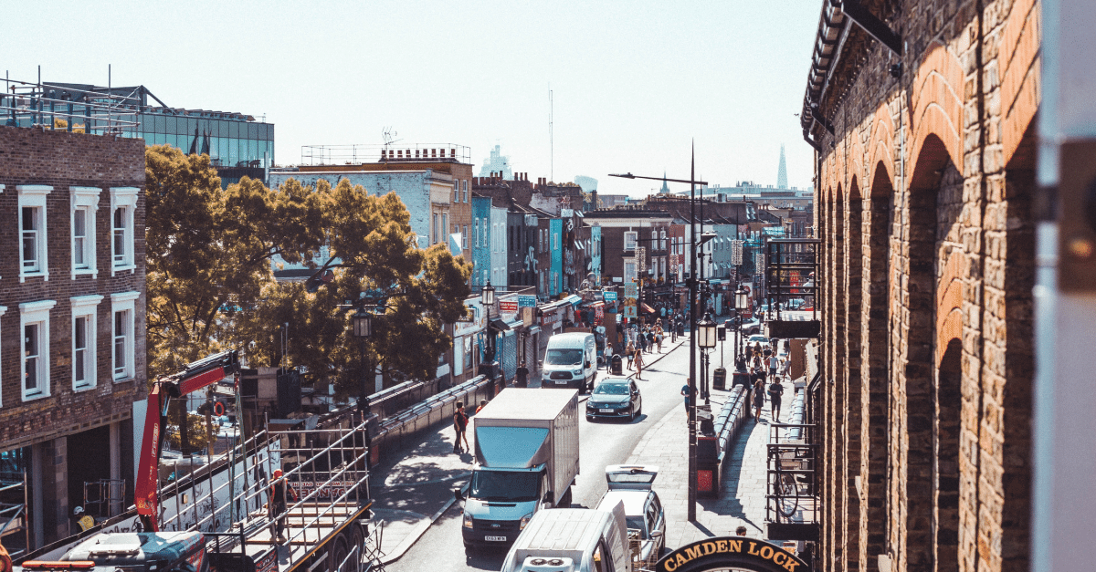 Looking down onto a busy Camden street on a sunny day