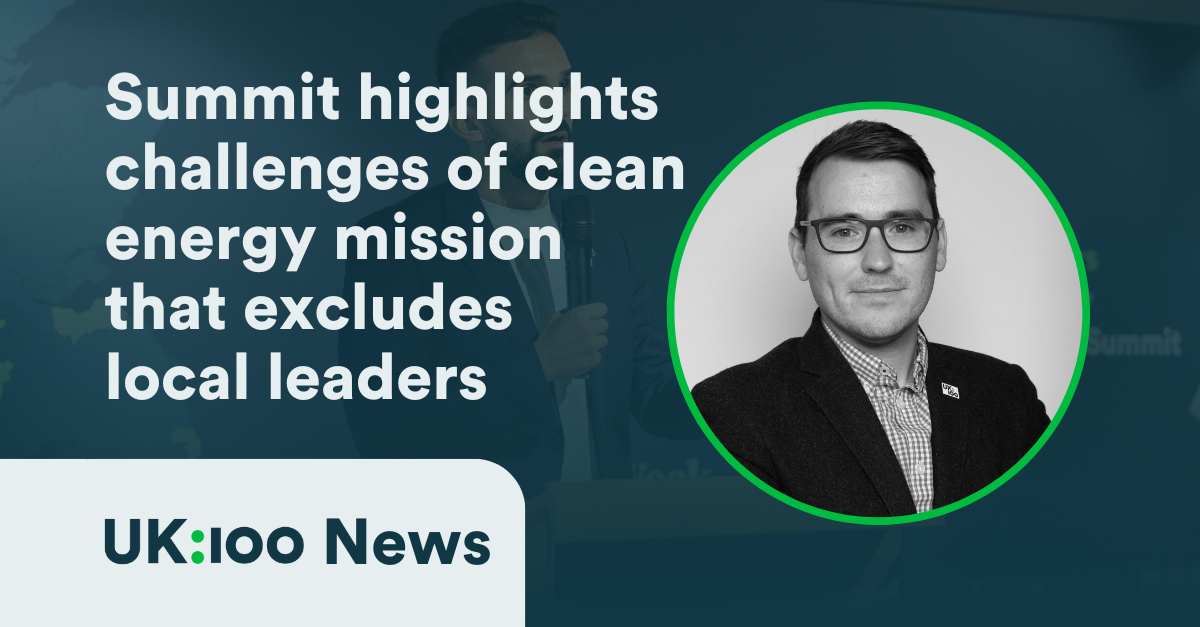 The graphic with a a portrait of Christopher Hammond reads: "Summit highlights challenges of clean energy mission that excludes local leaders"