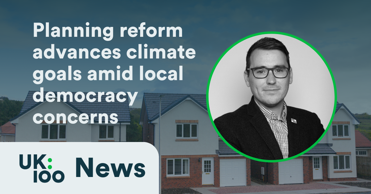 UK100 news article header showing modern UK housing development with title 'Planning reform advances climate goals amid local democracy concerns'. Circular portrait of Christopher Hammond, Chief Executive of UK100, wearing glasses and checkered shirt with dark jacket against light background.