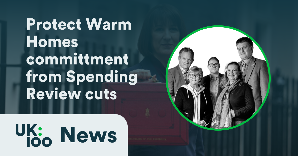 Cross-party UK100 Co-presidents at County Hall - Councillors Andy Mellen, Tracey Dixon, Christopher Hammond, Lucy Nethsingha, and Richard Clewer standing together for Warm Homes Plan