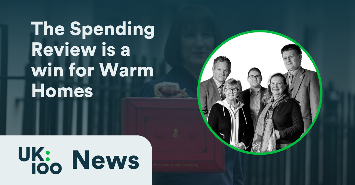 Cross-party UK100 Co-presidents at County Hall - Councillors Andy Mellen, Tracey Dixon, Christopher Hammond, Lucy Nethsingha, and Richard Clewer standing together for Warm Homes Plan