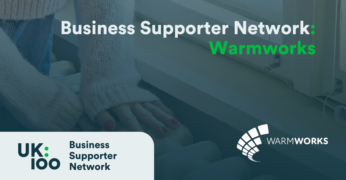 Business Supporter Network and Warmworks partnership announcement featuring UK100 logo with professional business meeting background in teal overlay