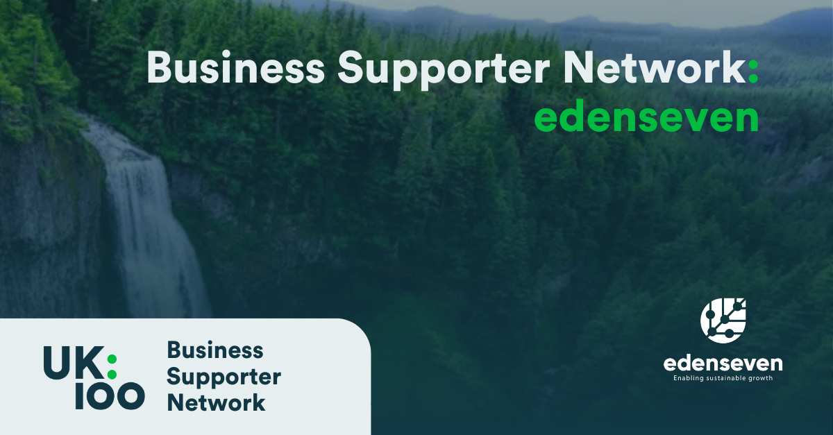 UK100 Business Supporter Network banner featuring EdenSeven logo against a background featuring a Pexels licensed image of a waterfall