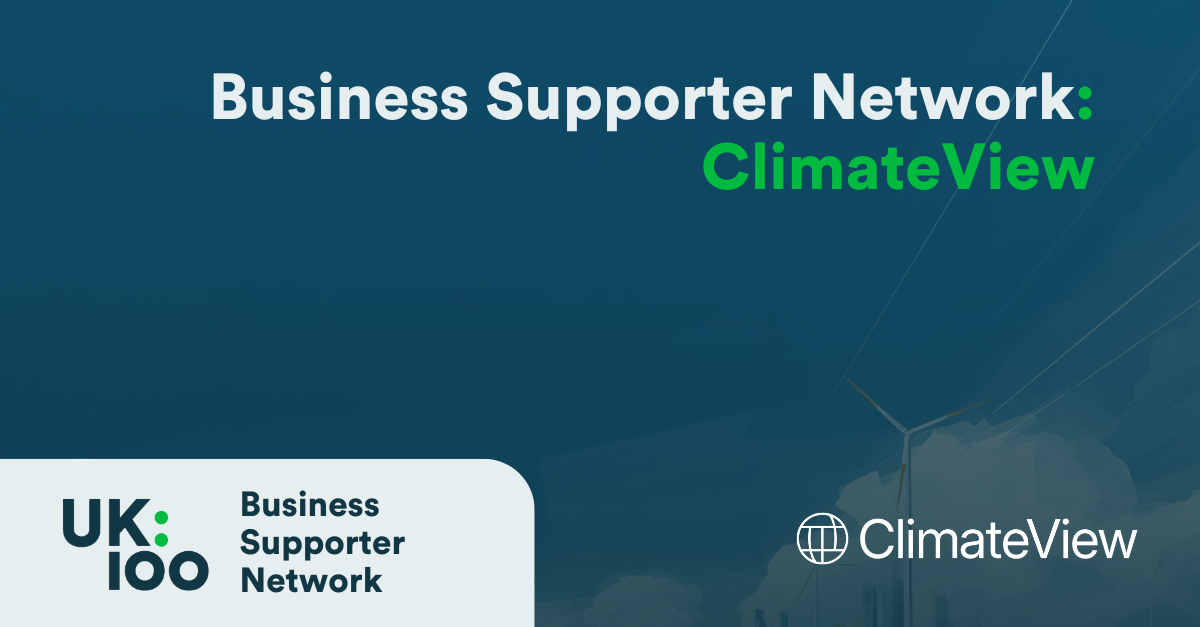 Business Supporter Network and ClimateView partnership announcement featuring UK100 logo with wind turbines in background on teal gradient design