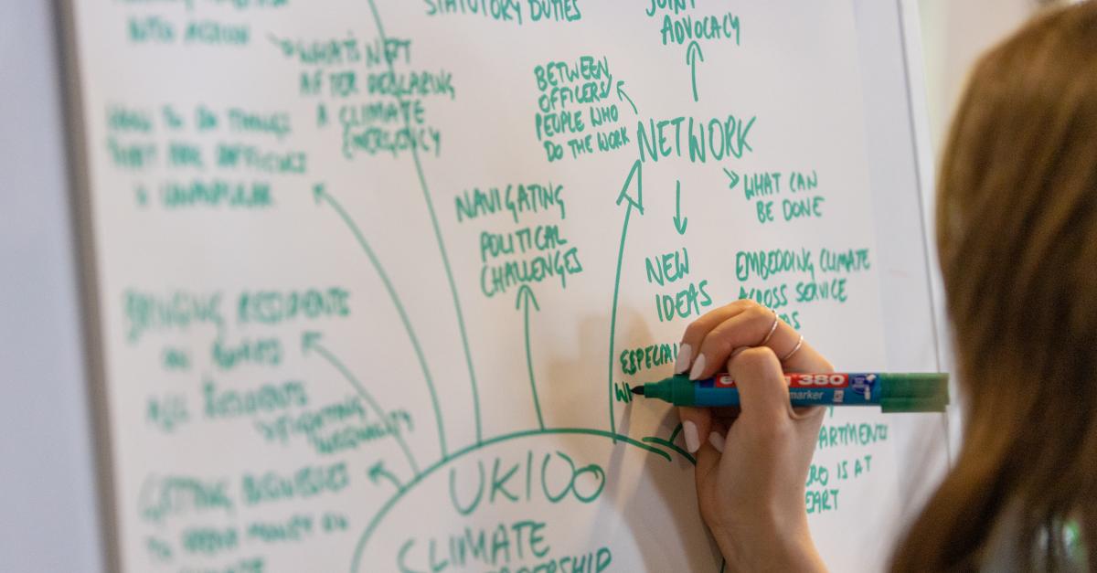 Participant brainstorming on a whiteboard at UK100's Climate Leadership Academy workshop, mapping ideas around network building, joint advocacy, and embedding climate action across council services